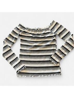 Striped Off Shoulder Lettuce Trim Long Sleeve Ribbed Top, Size Small, 11.5” ptp